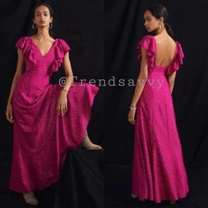 ANTHROPOLOGIE Hutch Ruffled Open Back Maxi Dress Pink Metallic Silver Tiered NWT